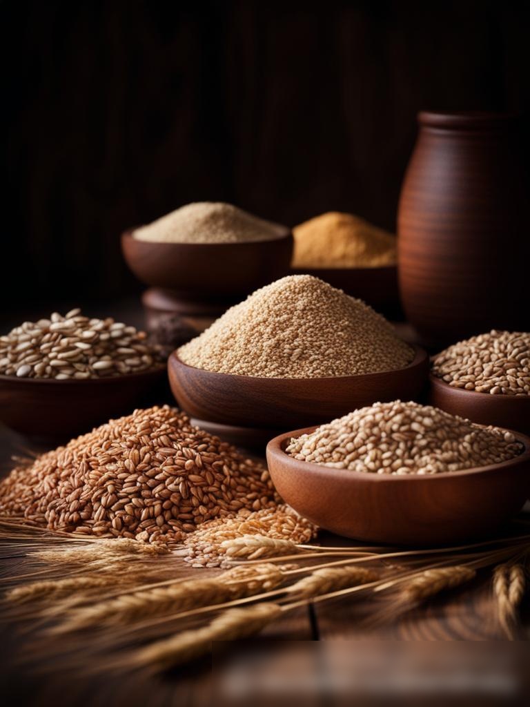 Крупным планом разнообразные зерна, такие как пшеница, ячмень, овес и рожь, на деревянном столе - Пример 5