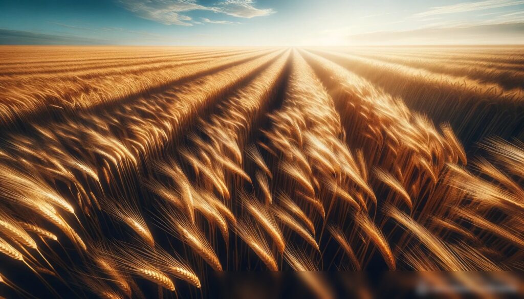 Вид сверху на поле созревшей пшеницы, готовой к уборке, под ясным голубым небом - Пример 2