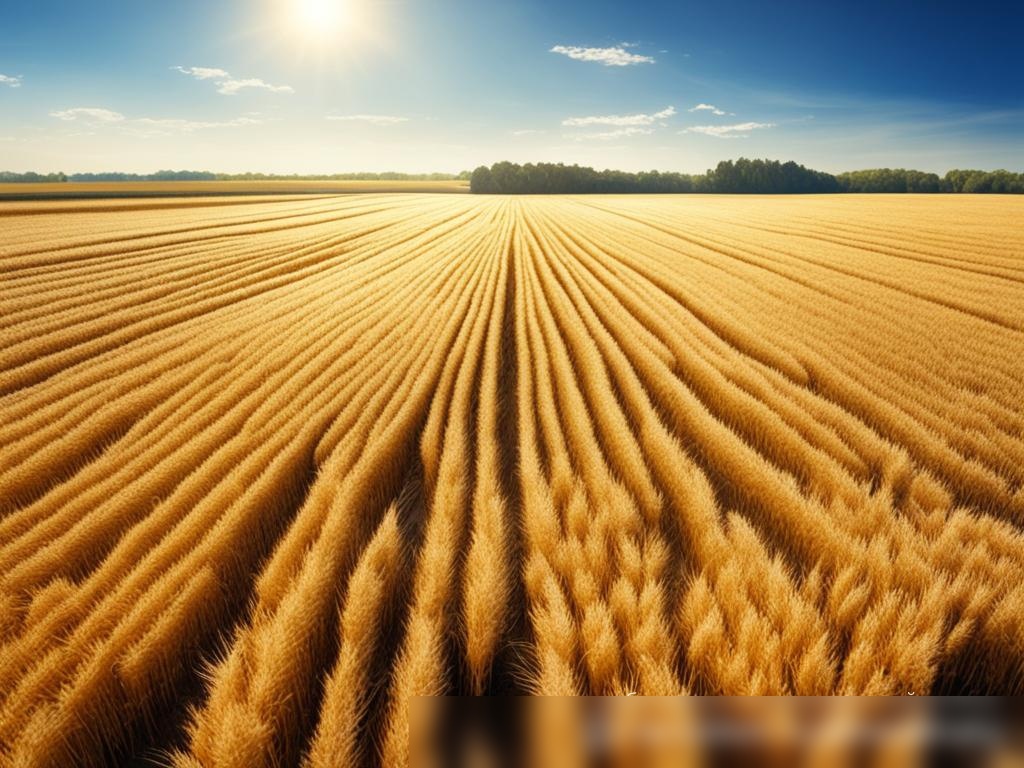 Вид сверху на поле созревшей пшеницы, готовой к уборке, под ясным голубым небом - Пример 4