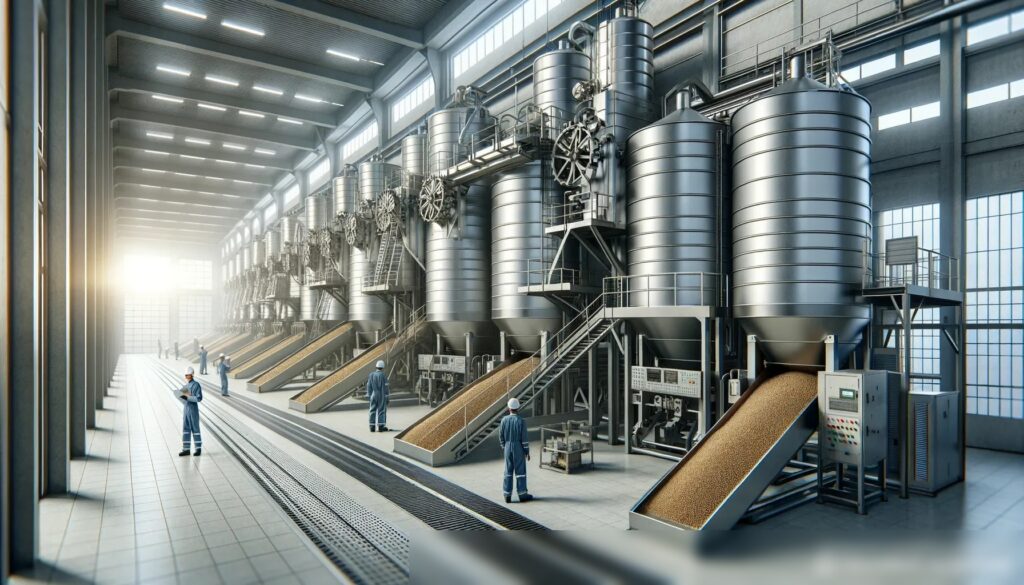 Современное зерноперерабатывающее предприятие с большими стальными машинами и работниками в защитной одежде - Пример 2