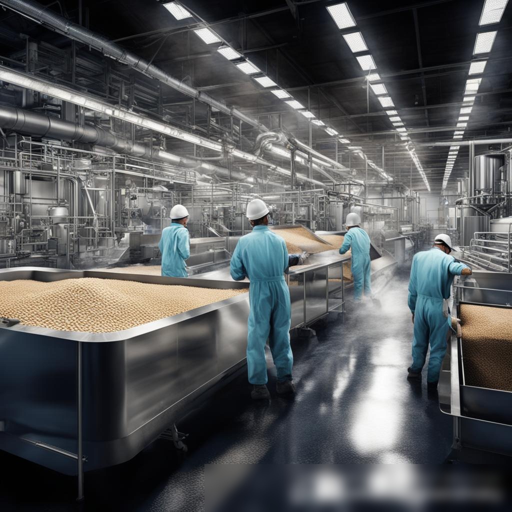 Современное зерноперерабатывающее предприятие с большими стальными машинами и работниками в защитной одежде - Пример 3