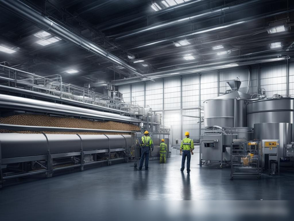 Современное зерноперерабатывающее предприятие с большими стальными машинами и работниками в защитной одежде - Пример 4