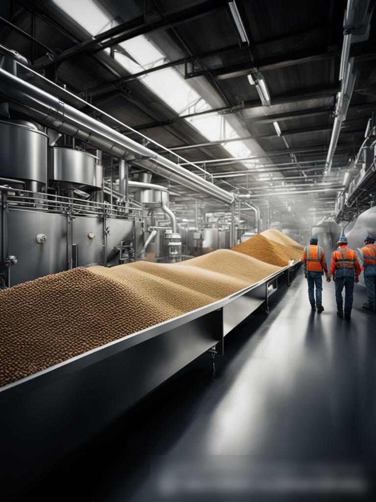 Современное зерноперерабатывающее предприятие с большими стальными машинами и работниками в защитной одежде - Пример 5