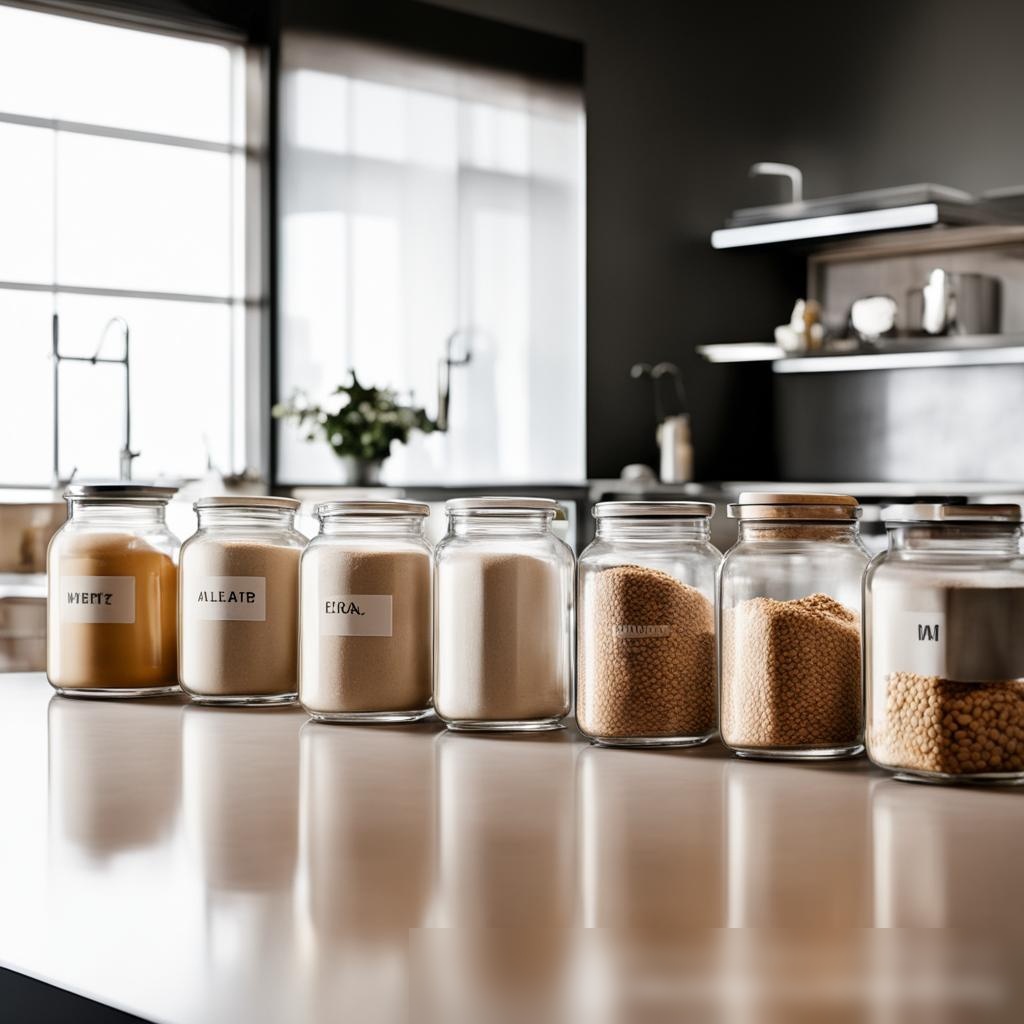 Современная кухонная стойка с разнообразием муки в прозрачных стеклянных банках - Пример 3