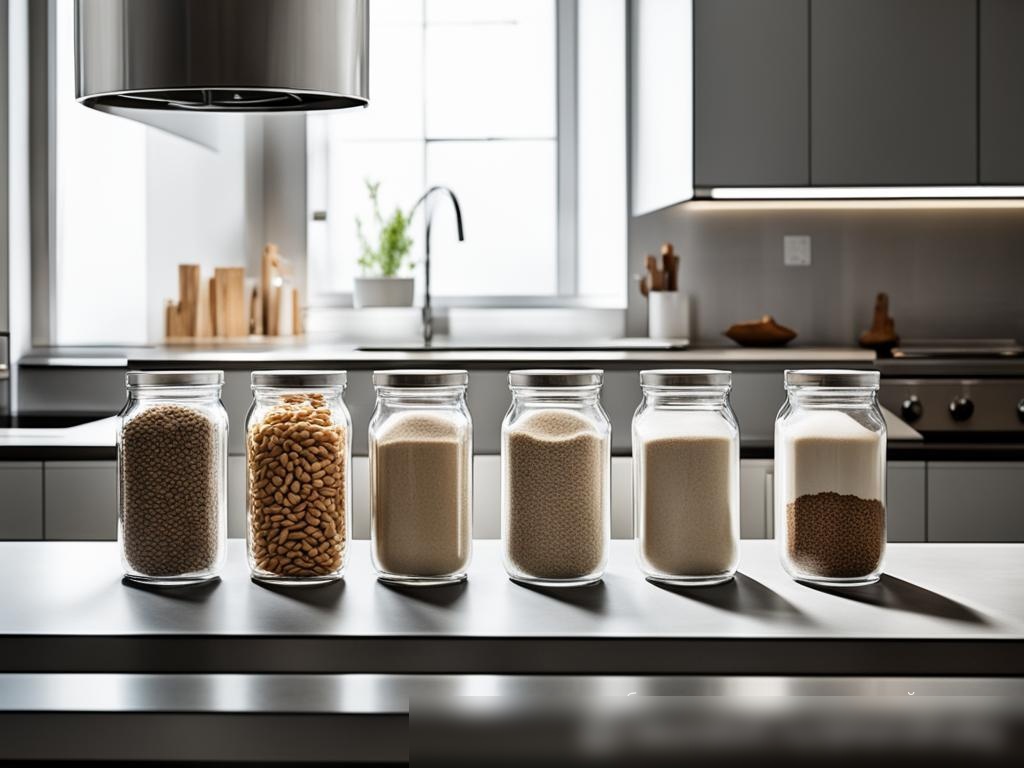 Современная кухонная стойка с разнообразием муки в прозрачных стеклянных банках - Пример 4