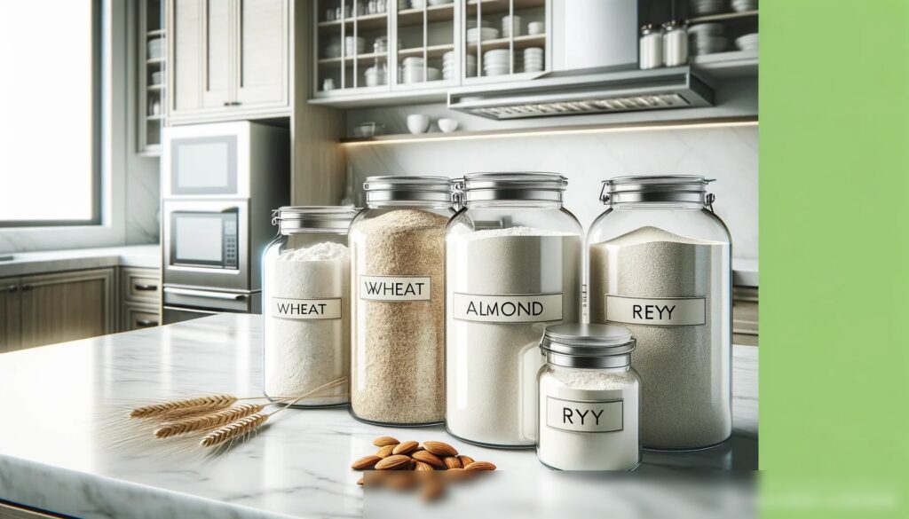 Современная кухонная стойка с разнообразием муки в прозрачных стеклянных банках - Пример 1