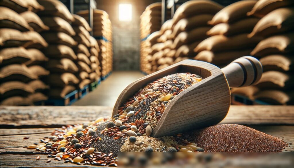 Крупный план ложки, переполненной смесью зерен и семян - Пример 1