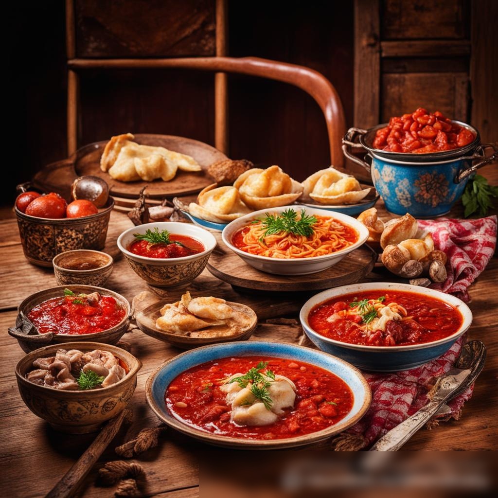 Яркое изображение в высоком разрешении, демонстрирующее традиционный русский пир, с красиво украшенным столом, на котором поданы классические блюда, такие как борщ, пельмени и бефстроганов - Пример 3