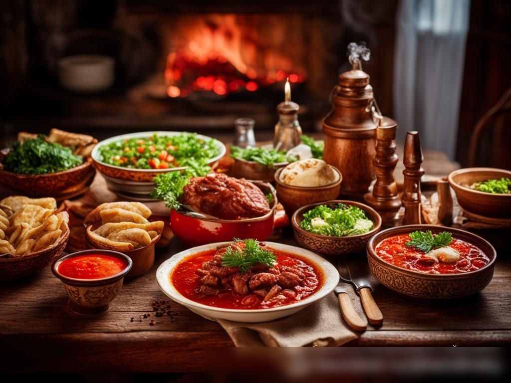 Яркое изображение в высоком разрешении, демонстрирующее традиционный русский пир, с красиво украшенным столом, на котором поданы классические блюда, такие как борщ, пельмени и бефстроганов - Пример 4