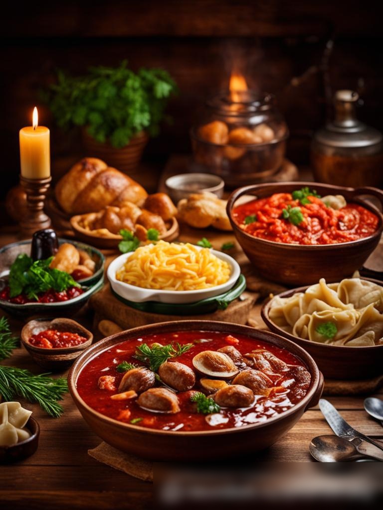 Яркое изображение в высоком разрешении, демонстрирующее традиционный русский пир, с красиво украшенным столом, на котором поданы классические блюда, такие как борщ, пельмени и бефстроганов - Пример 5