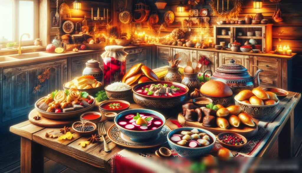 Яркое изображение в высоком разрешении, демонстрирующее традиционный русский пир, с красиво украшенным столом, на котором поданы классические блюда, такие как борщ, пельмени и бефстроганов - Пример 1