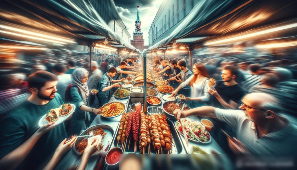 Динамичное, энергичное изображение оживлённого рынка уличной еды в России, где торговцы продают разнообразные традиционные уличные закуски, такие как шаурма, блины и пирожки - Пример 2