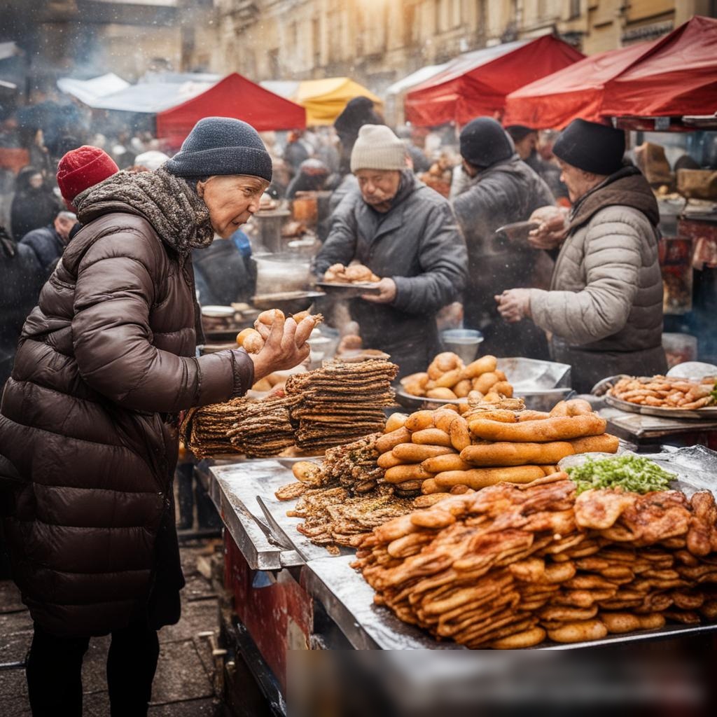 Динамичное, энергичное изображение оживлённого рынка уличной еды в России, где торговцы продают разнообразные традиционные уличные закуски, такие как шаурма, блины и пирожки - Пример 3