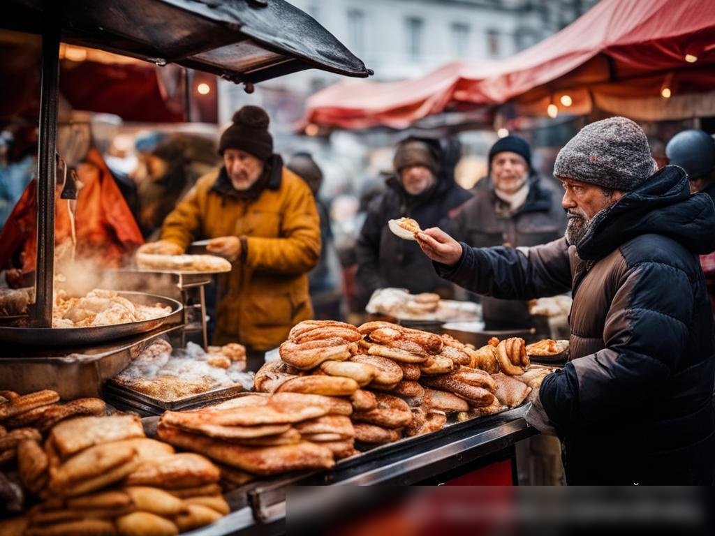 Динамичное, энергичное изображение оживлённого рынка уличной еды в России, где торговцы продают разнообразные традиционные уличные закуски, такие как шаурма, блины и пирожки - Пример 4