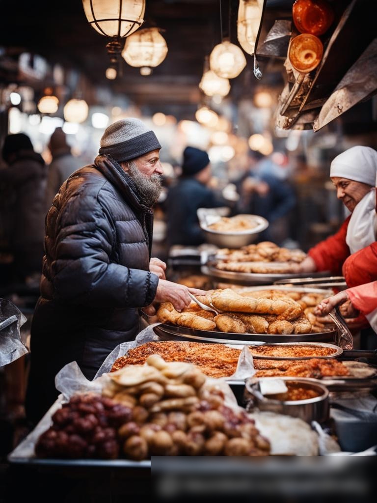 Динамичное, энергичное изображение оживлённого рынка уличной еды в России, где торговцы продают разнообразные традиционные уличные закуски, такие как шаурма, блины и пирожки - Пример 5