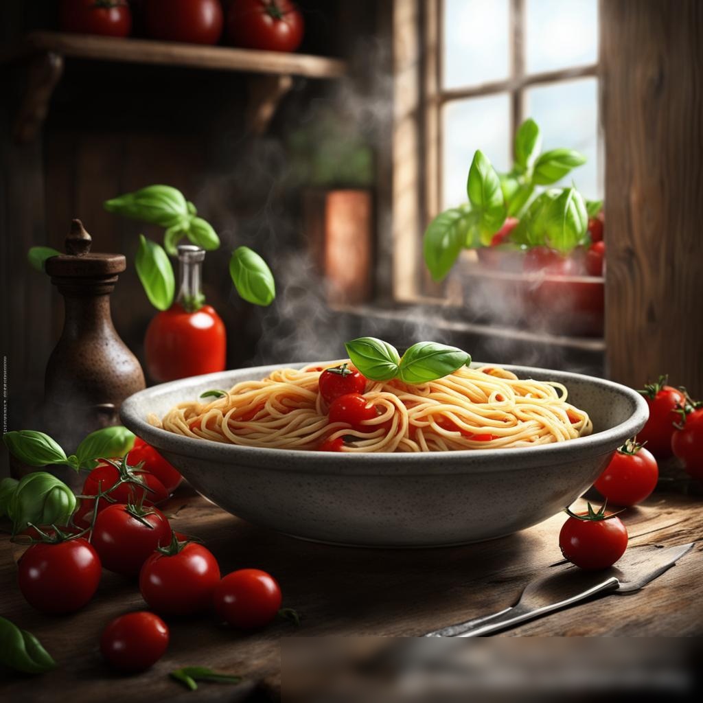 Фотореалистичное изображение кухни в деревенском стиле с большой керамической миской спагетти на старом деревянном столе - Пример 3