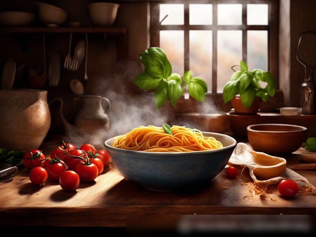 Фотореалистичное изображение кухни в деревенском стиле с большой керамической миской спагетти на старом деревянном столе - Пример 4
