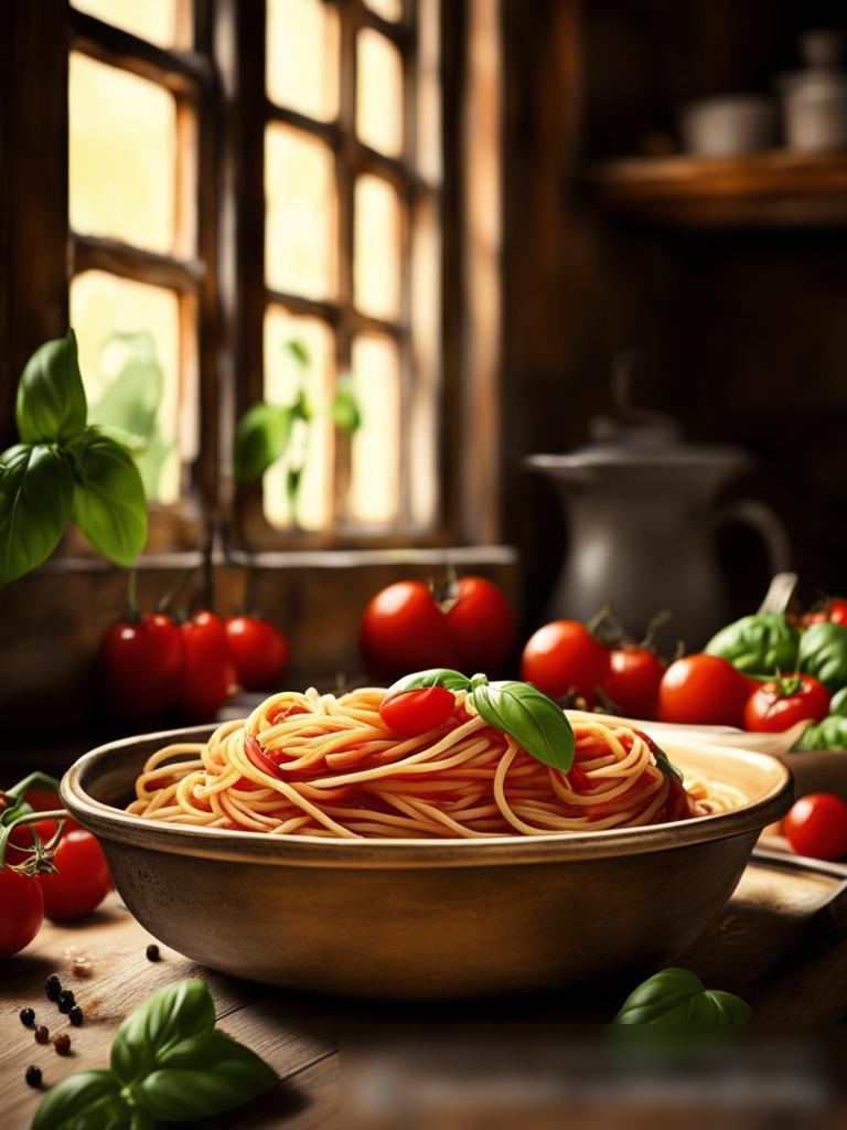 Фотореалистичное изображение кухни в деревенском стиле с большой керамической миской спагетти на старом деревянном столе - Пример 5