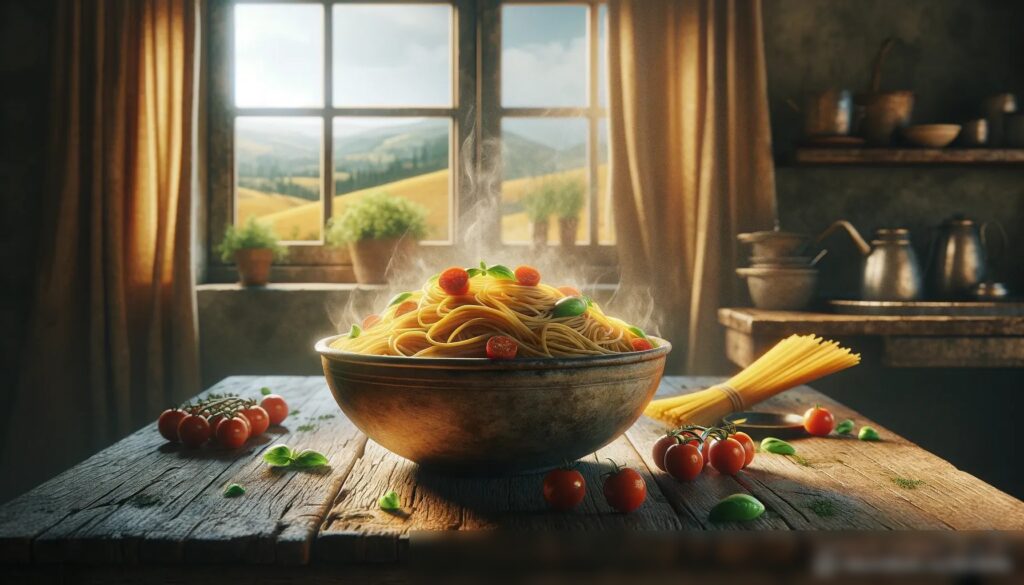 Фотореалистичное изображение кухни в деревенском стиле с большой керамической миской спагетти на старом деревянном столе - Пример 1