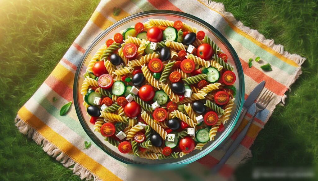 Фотореалистичное изображение с верхней точки зрения яркого, цветного салата из пасты в большой стеклянной миске, который находится на ярком пикниковом одеяле на фоне зеленой травы - Пример 2