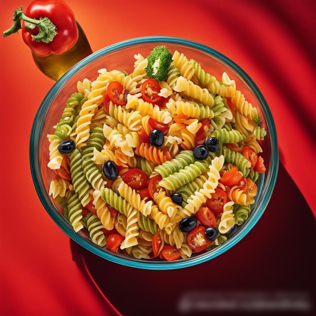 Фотореалистичное изображение с верхней точки зрения яркого, цветного салата из пасты в большой стеклянной миске, который находится на ярком пикниковом одеяле на фоне зеленой травы - Пример 3