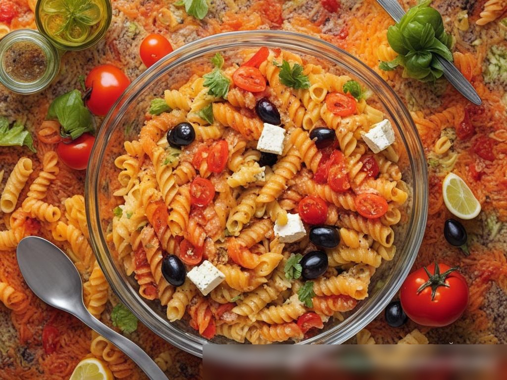 Фотореалистичное изображение с верхней точки зрения яркого, цветного салата из пасты в большой стеклянной миске, который находится на ярком пикниковом одеяле на фоне зеленой травы - Пример 4