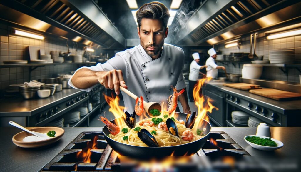 Динамичное фотореалистичное изображение повара в профессиональной кухне, который взбрасывает сковороду с морепродуктами и лингвини - Пример 2