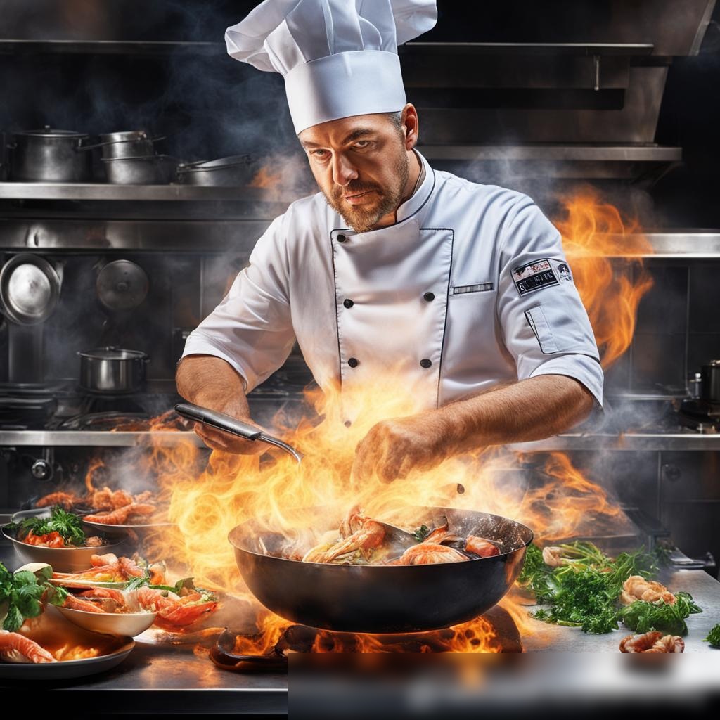 Динамичное фотореалистичное изображение повара в профессиональной кухне, который взбрасывает сковороду с морепродуктами и лингвини - Пример 3