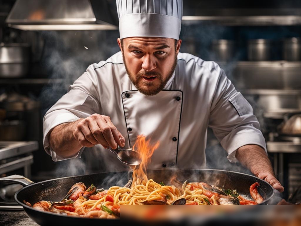 Динамичное фотореалистичное изображение повара в профессиональной кухне, который взбрасывает сковороду с морепродуктами и лингвини - Пример 4