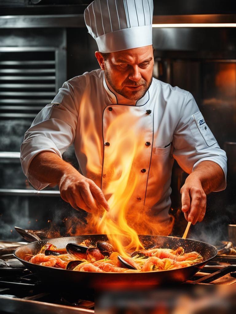 Динамичное фотореалистичное изображение повара в профессиональной кухне, который взбрасывает сковороду с морепродуктами и лингвини - Пример 5