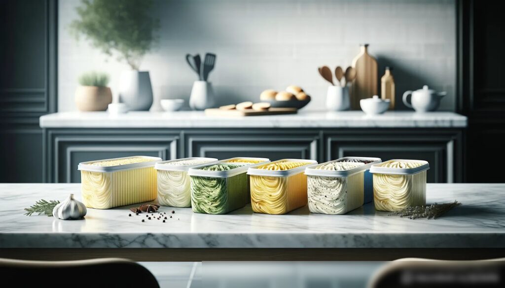 Коллекция баночек с маргарином различных вкусов, расположенных на гладкой мраморной столешнице на фоне минималистичной кухни - Пример 2