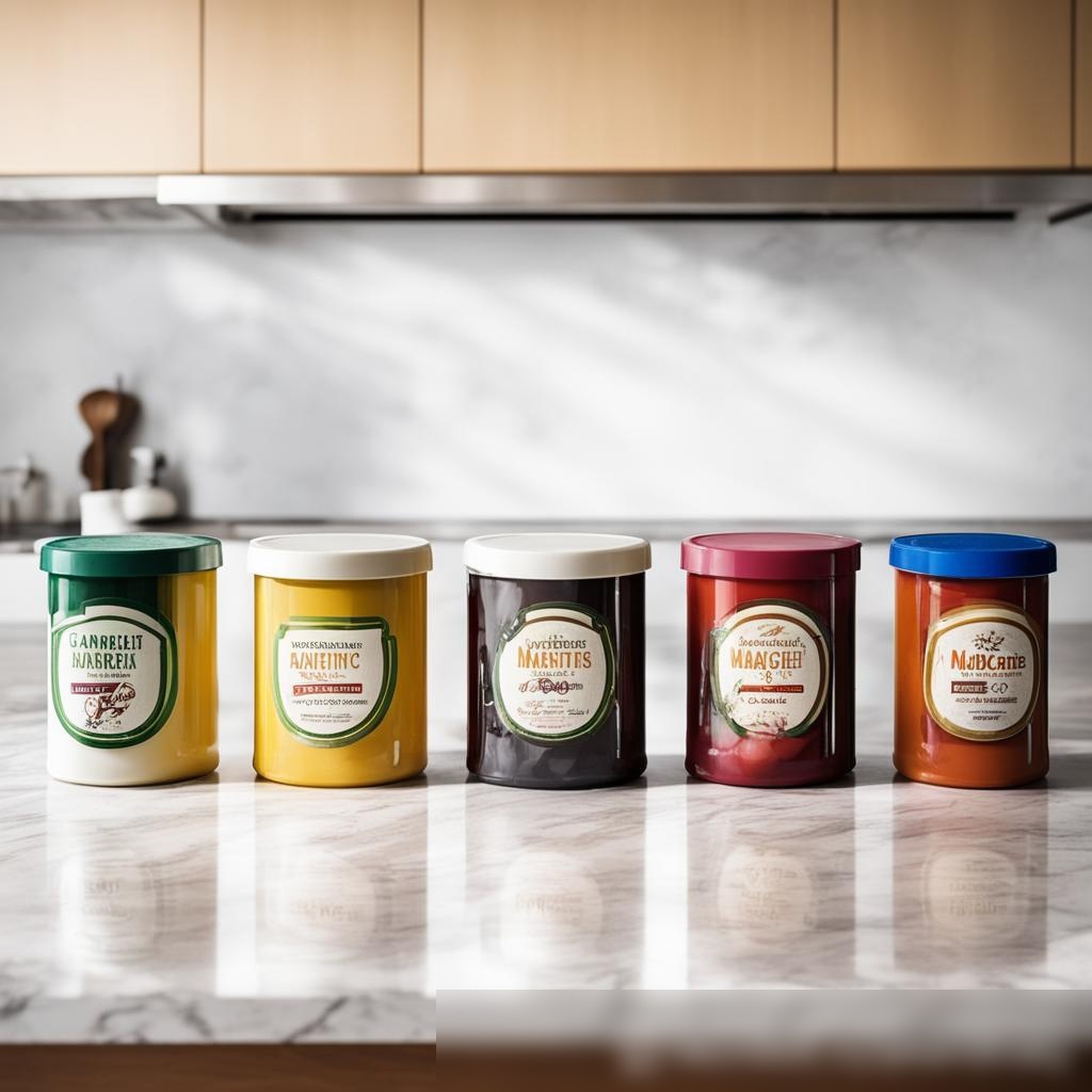 Коллекция баночек с маргарином различных вкусов, расположенных на гладкой мраморной столешнице на фоне минималистичной кухни - Пример 3