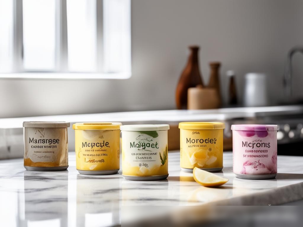 Коллекция баночек с маргарином различных вкусов, расположенных на гладкой мраморной столешнице на фоне минималистичной кухни - Пример 4