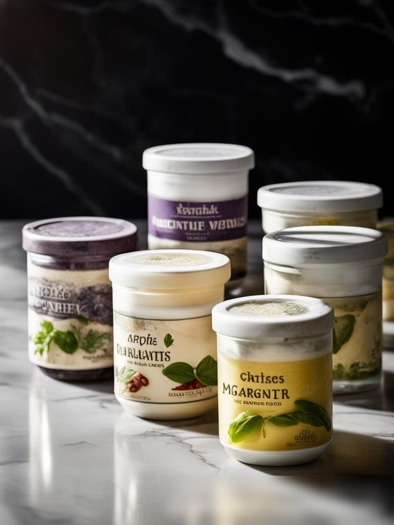 Коллекция баночек с маргарином различных вкусов, расположенных на гладкой мраморной столешнице на фоне минималистичной кухни - Пример 5