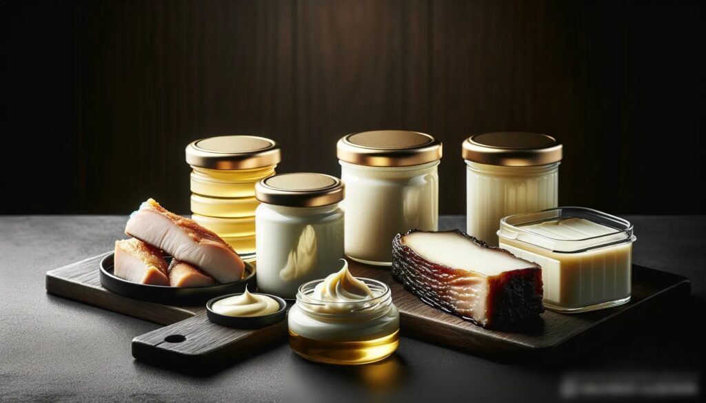 Крупноплановое изображение разнообразных гурманских жиров для готовки, включая утиный жир, сало и гхи, в элегантных маленьких емкостях на темной деревянной поверхности - Пример 2