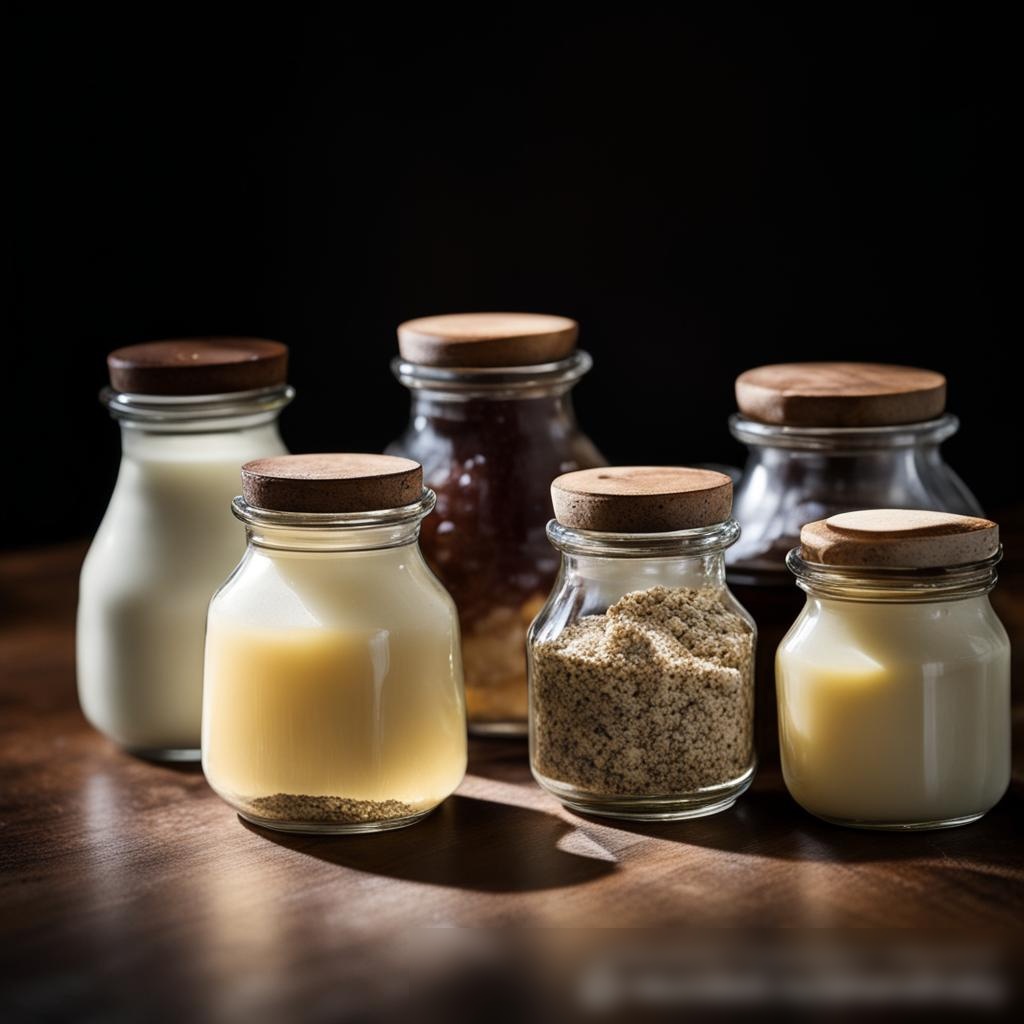 Крупноплановое изображение разнообразных гурманских жиров для готовки, включая утиный жир, сало и гхи, в элегантных маленьких емкостях на темной деревянной поверхности - Пример 3