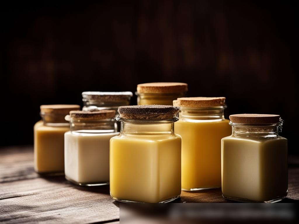 Крупноплановое изображение разнообразных гурманских жиров для готовки, включая утиный жир, сало и гхи, в элегантных маленьких емкостях на темной деревянной поверхности - Пример 4