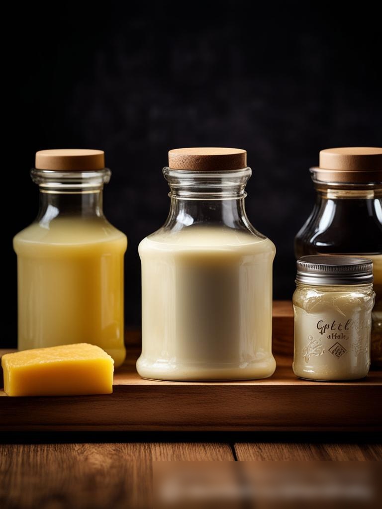 Крупноплановое изображение разнообразных гурманских жиров для готовки, включая утиный жир, сало и гхи, в элегантных маленьких емкостях на темной деревянной поверхности - Пример 5
