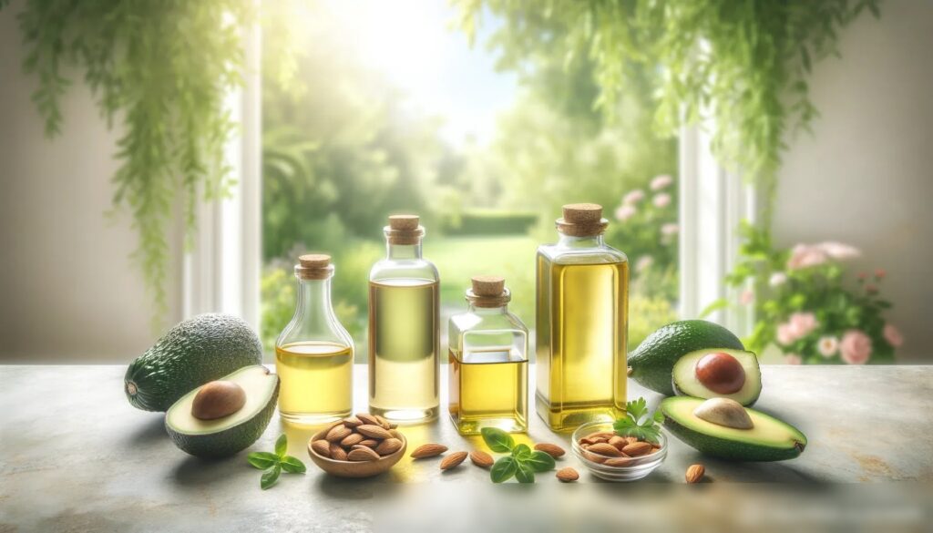 Широкое изображение с разнообразным ассортиментом растительных масел, таких как авокадо, виноградных косточек и миндаля, в современных бутылках на светлой каменной столешнице - Пример 2