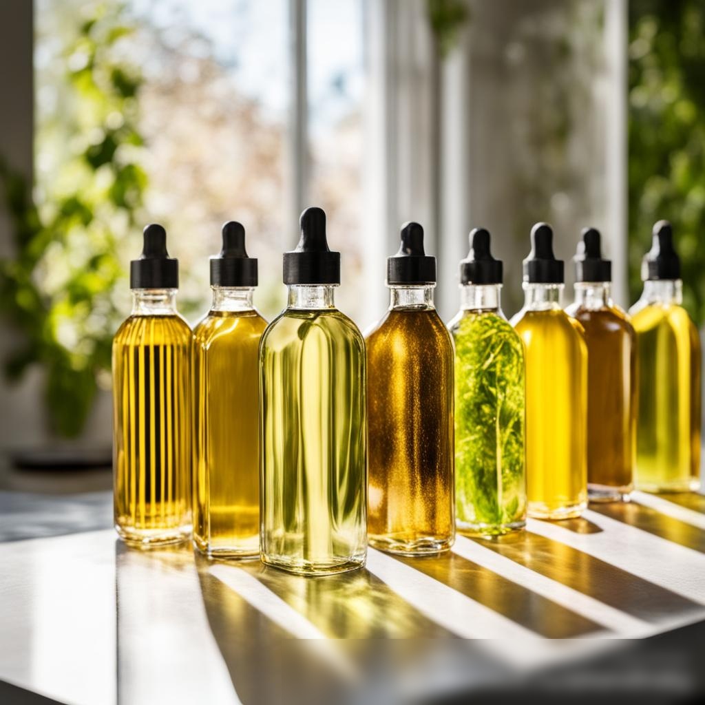 Широкое изображение с разнообразным ассортиментом растительных масел, таких как авокадо, виноградных косточек и миндаля, в современных бутылках на светлой каменной столешнице - Пример 3