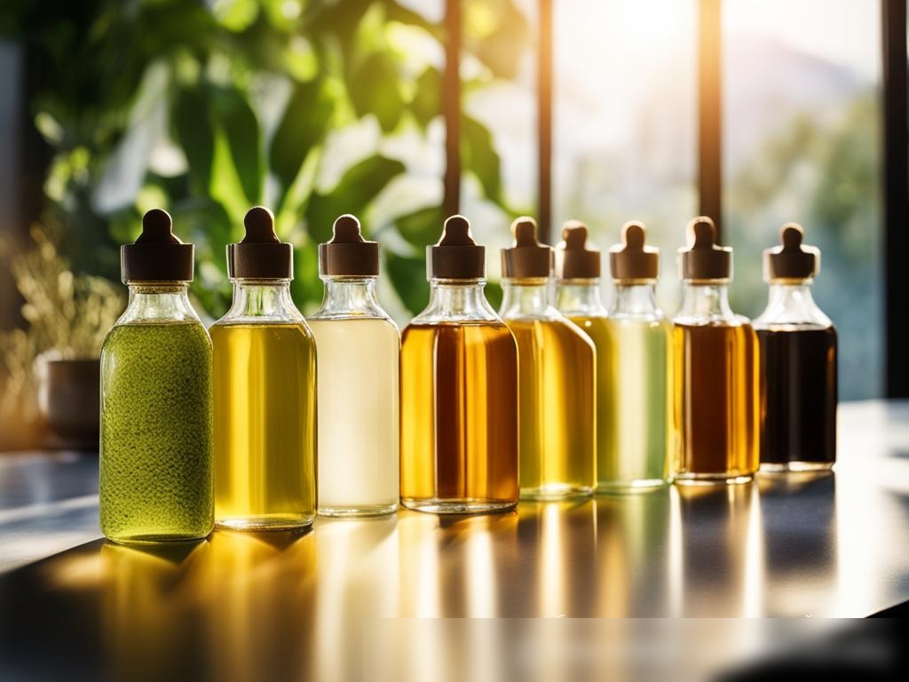 Широкое изображение с разнообразным ассортиментом растительных масел, таких как авокадо, виноградных косточек и миндаля, в современных бутылках на светлой каменной столешнице - Пример 4