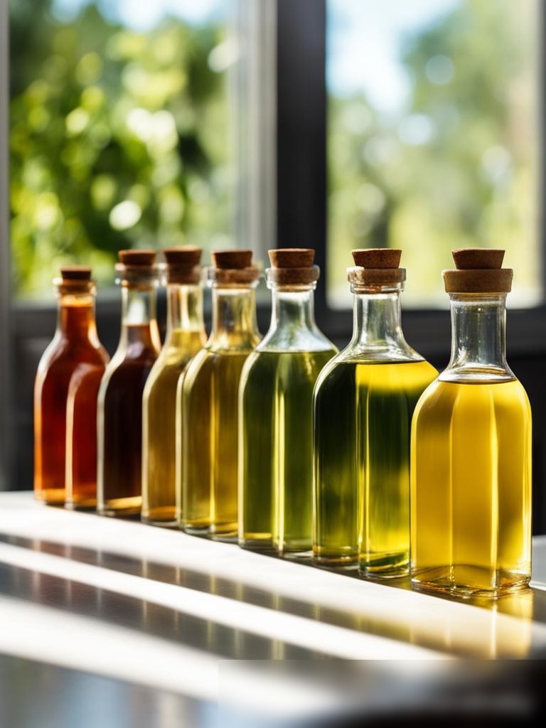 Широкое изображение с разнообразным ассортиментом растительных масел, таких как авокадо, виноградных косточек и миндаля, в современных бутылках на светлой каменной столешнице - Пример 5