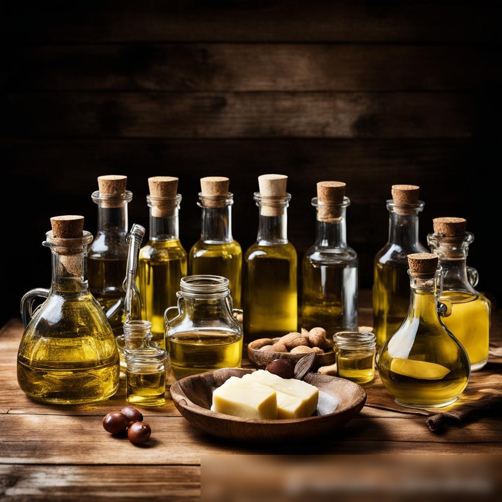 Широкоугольное изображение ассортимента натуральных масел и жиров, изящно расположенных на деревянном столе - Пример 3