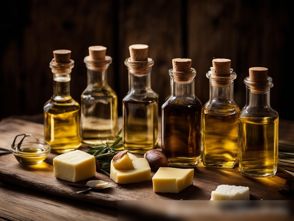 Широкоугольное изображение ассортимента натуральных масел и жиров, изящно расположенных на деревянном столе - Пример 4