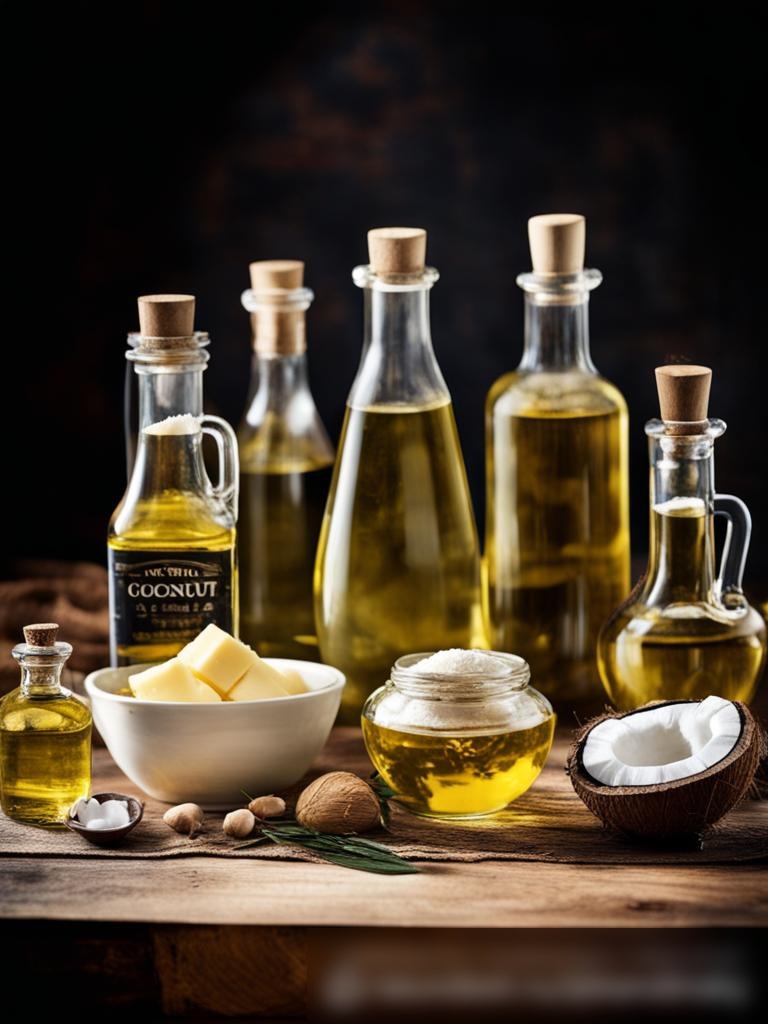 Широкоугольное изображение ассортимента натуральных масел и жиров, изящно расположенных на деревянном столе - Пример 5