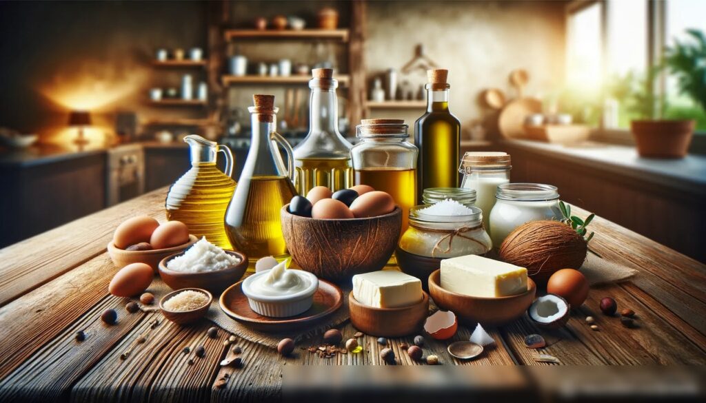 Широкоугольное изображение ассортимента натуральных масел и жиров, изящно расположенных на деревянном столе - Пример 1