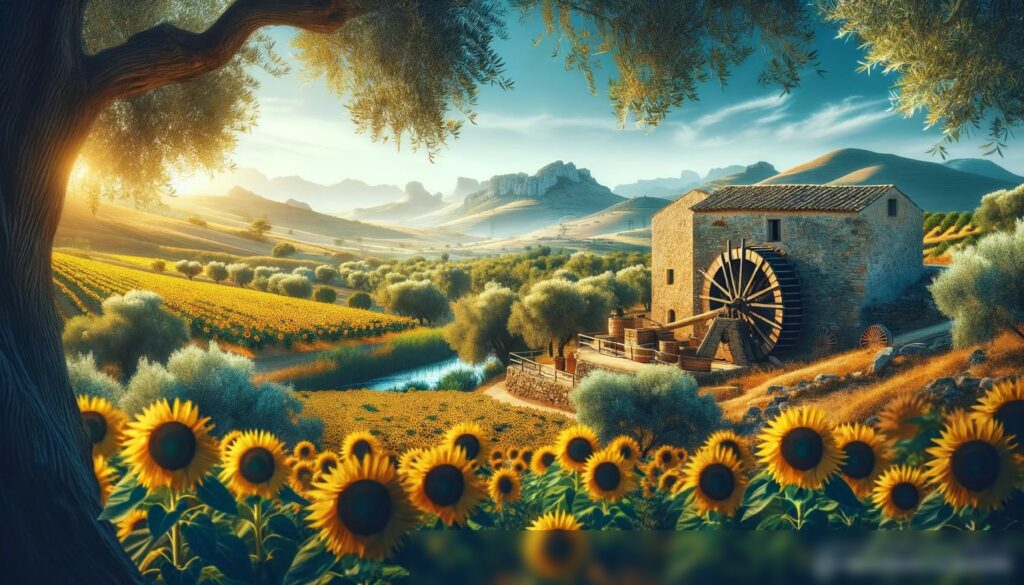 Спокойный, высококачественный пейзаж на открытом воздухе, демонстрирующий процесс производства масел и жиров - Пример 2