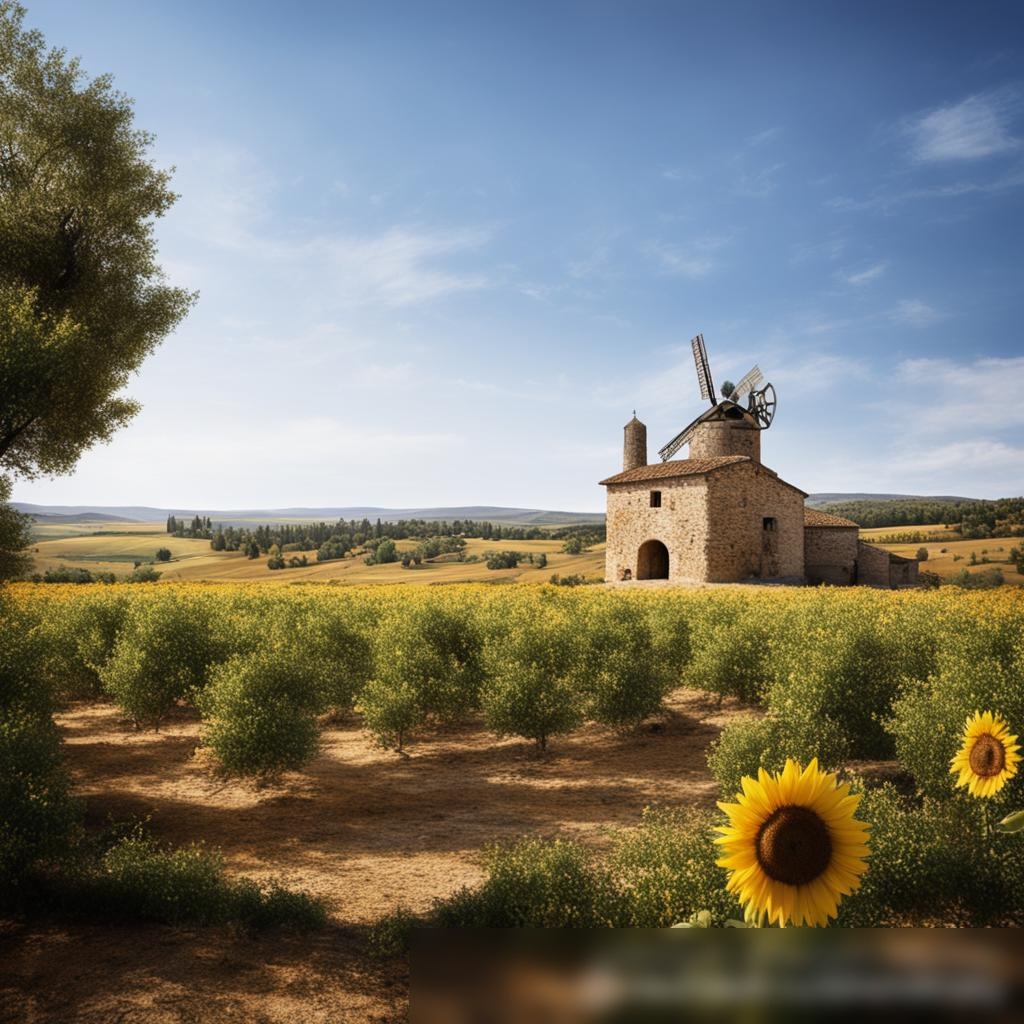 Спокойный, высококачественный пейзаж на открытом воздухе, демонстрирующий процесс производства масел и жиров - Пример 3