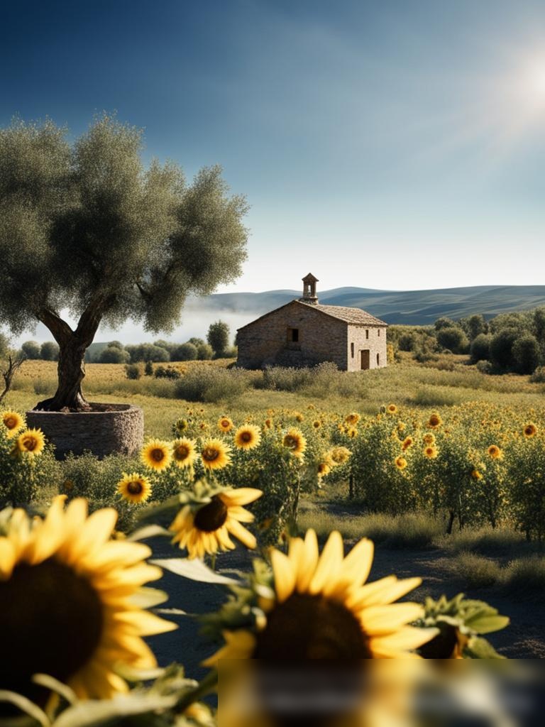 Спокойный, высококачественный пейзаж на открытом воздухе, демонстрирующий процесс производства масел и жиров - Пример 5