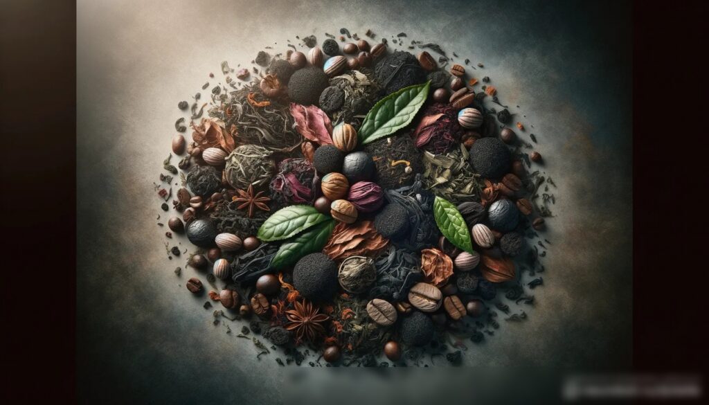 Крупный план разнообразных сортов листового чая и кофейных зерен - Пример 2